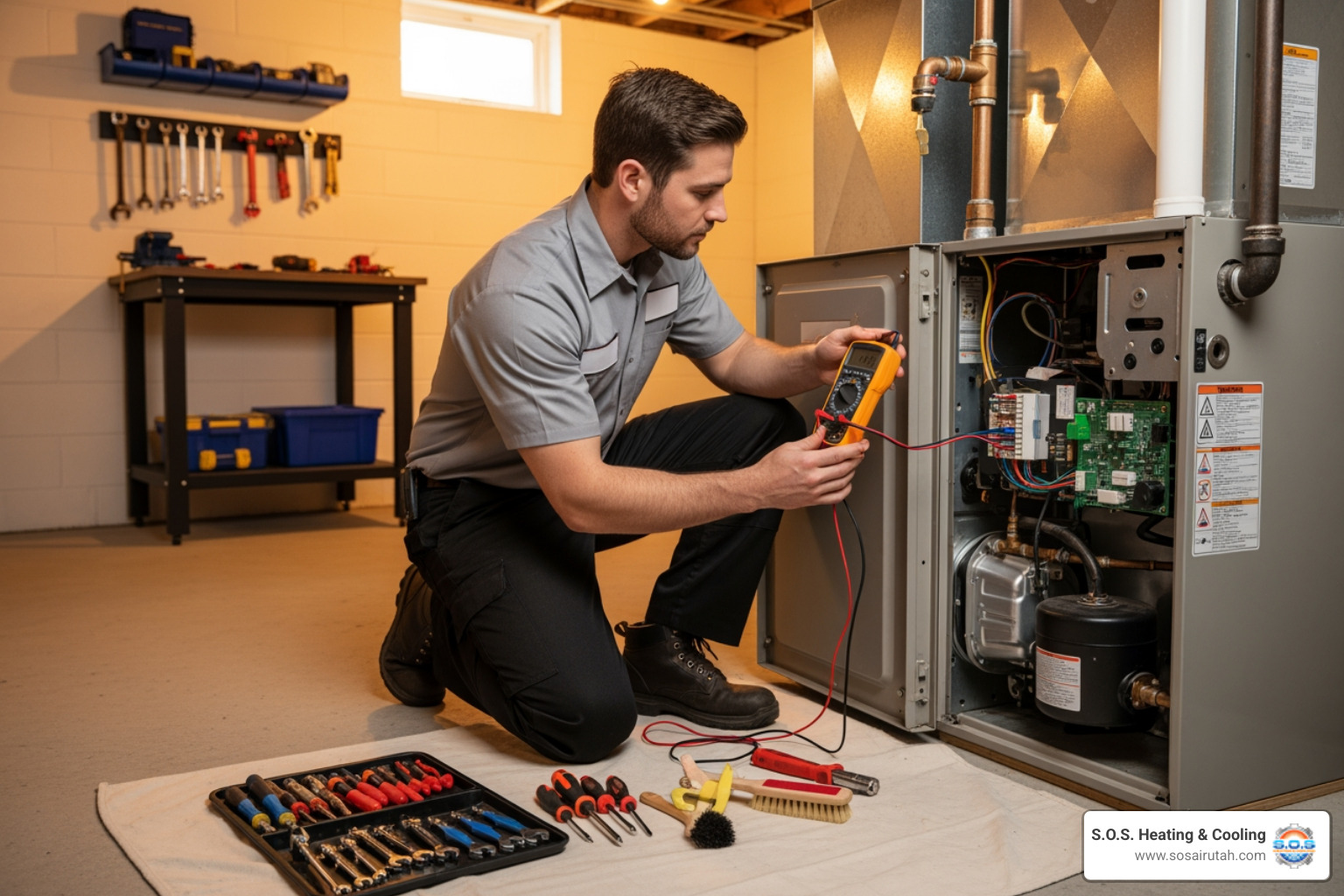 technician performing routine furnace maintenance - "My furnace stopped working. Who offers 24/7 emergency heating repair in Salt Lake City?" technician performing routine furnace maintenance - "My furnace stopped working. Who offers 24/7 emergency heating repair in Salt Lake City?"