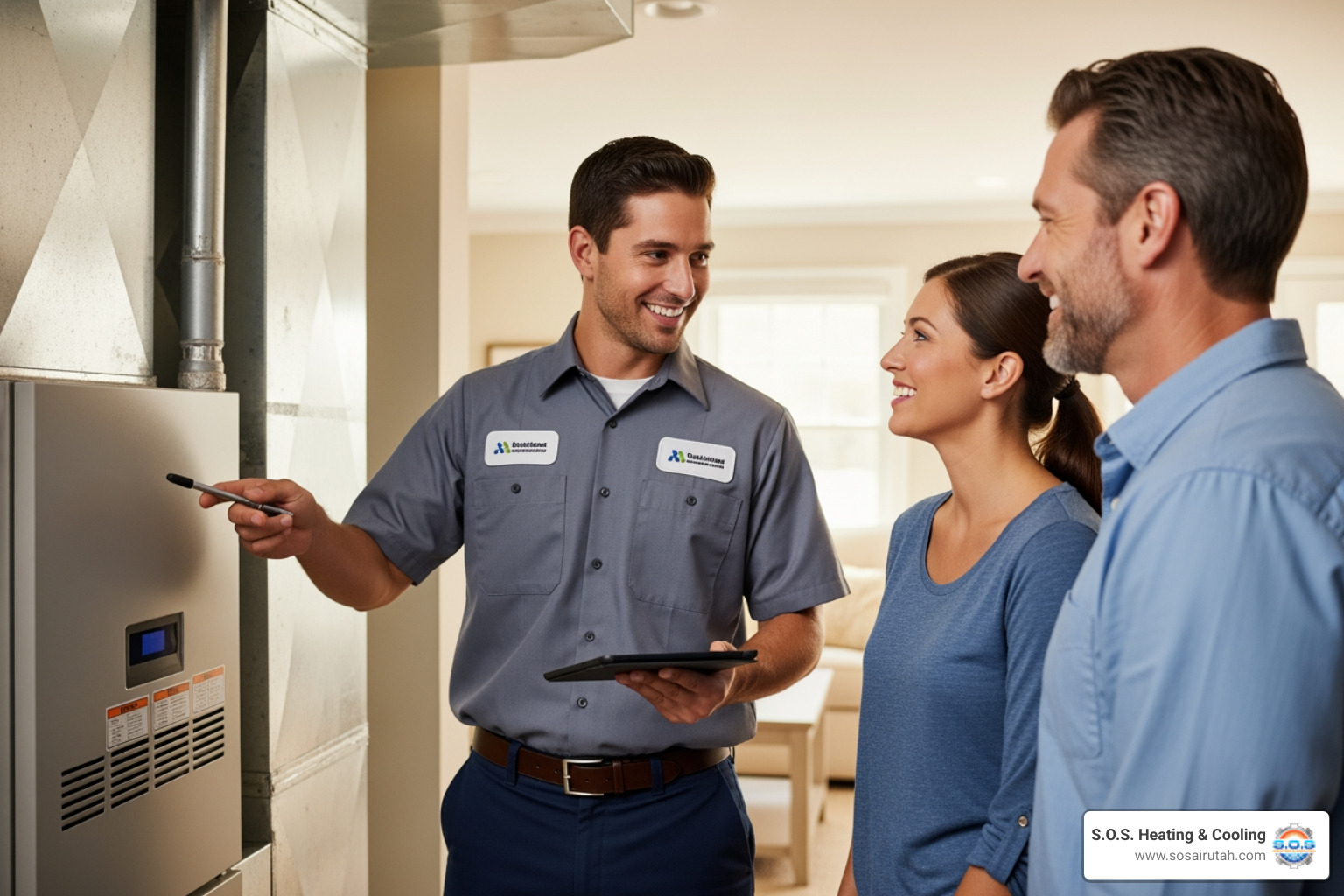 friendly technician talking with a homeowner - hvac services centerville