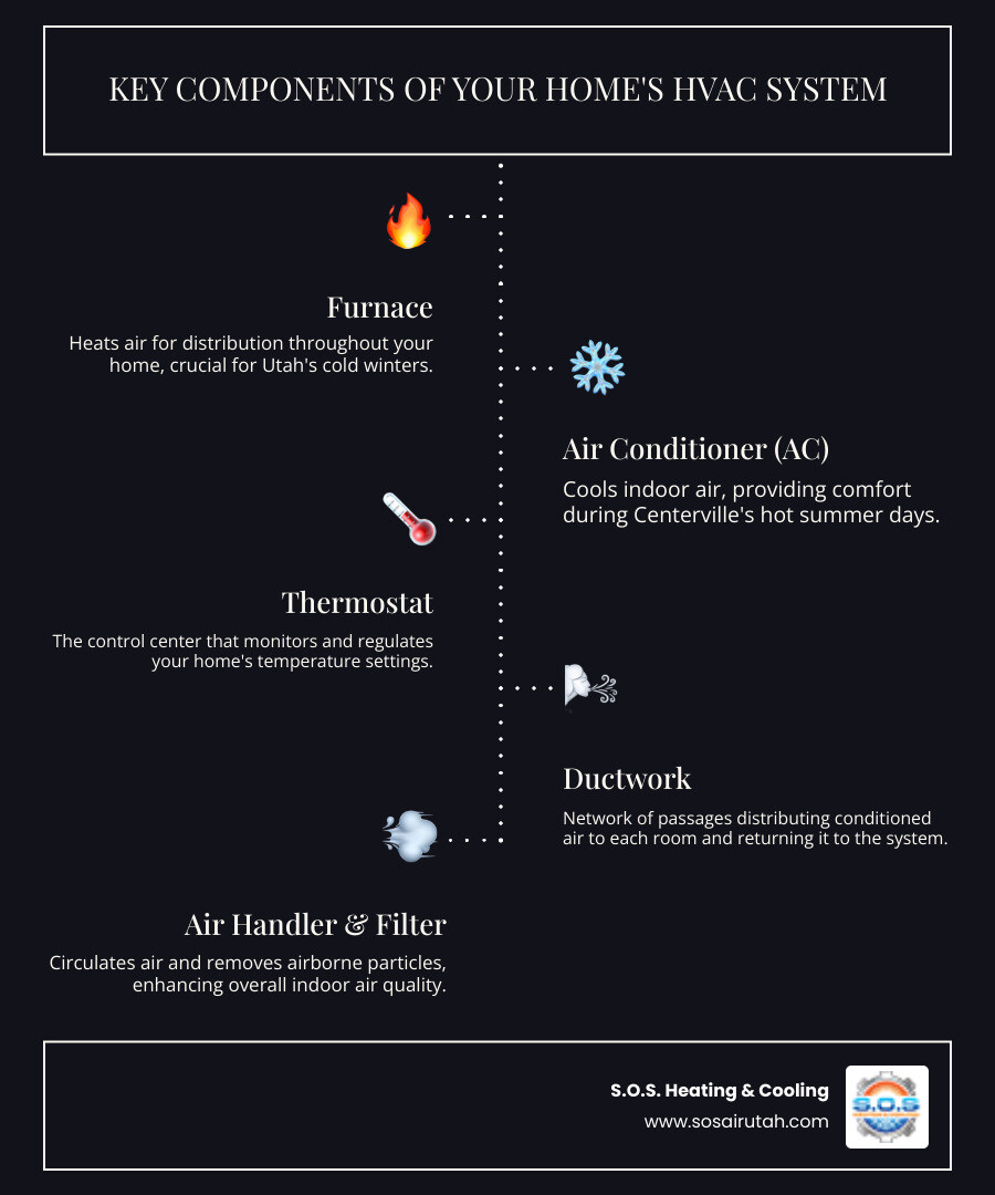 infographic showing HVAC system components including furnace in basement, air handler with filter, outdoor AC condenser unit, thermostat on wall, and ductwork distribution throughout home with labels for each component and arrows showing airflow direction - hvac services centerville infographic infographic-line-5-steps-dark