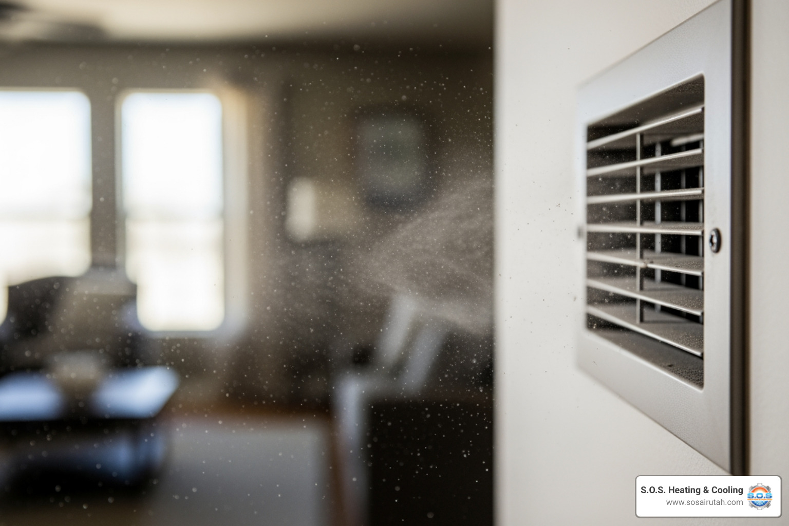 dust blowing from an air vent - "Find a reputable vent cleaning company near me in South Salt Lake."