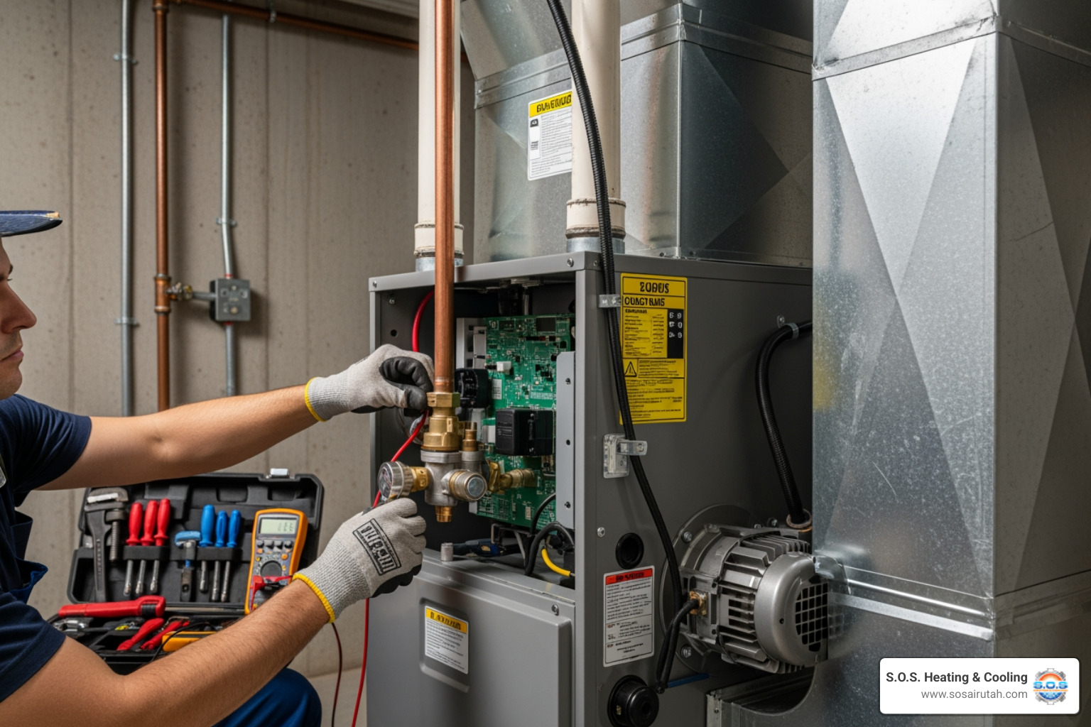 Professional technician carefully installing a new furnace - HVAC installation Bountiful