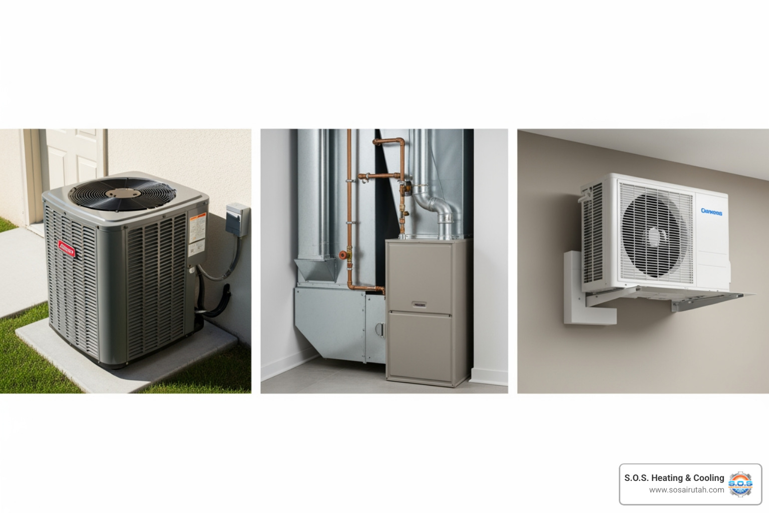 Different HVAC units: a central AC, a furnace, and a ductless mini-split - HVAC installation Bountiful