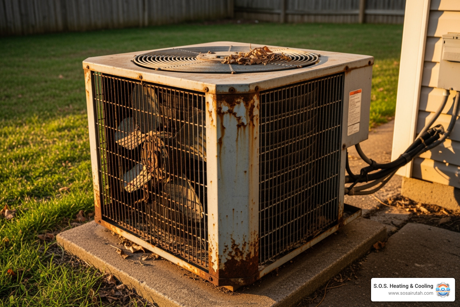 Older, worn-out outdoor AC unit - HVAC installation Bountiful
