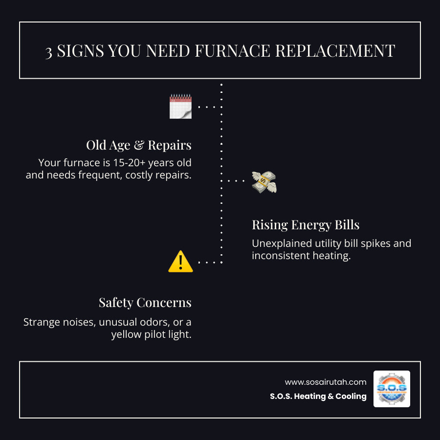 Infographic showing three warning signs for furnace replacement: a calendar showing 15-20 years with a wrench icon for age and repairs, a rising graph with dollar signs for increasing energy bills, and a warning triangle with smoke icon for unusual noises and safety concerns - furnace replacement sandy infographic infographic-line-3-steps-dark Infographic showing three warning signs for furnace replacement: a calendar showing 15-20 years with a wrench icon for age and repairs, a rising graph with dollar signs for increasing energy bills, and a warning triangle with smoke icon for unusual noises and safety concerns - furnace replacement sandy infographic infographic-line-3-steps-dark