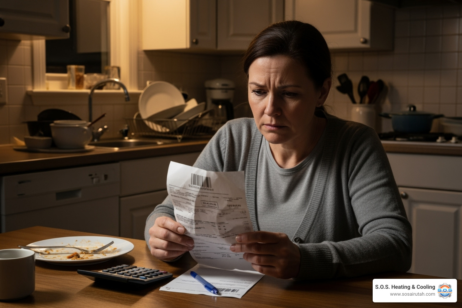 A homeowner looking concerned at a high utility bill - furnace replacement sandy A homeowner looking concerned at a high utility bill - furnace replacement sandy