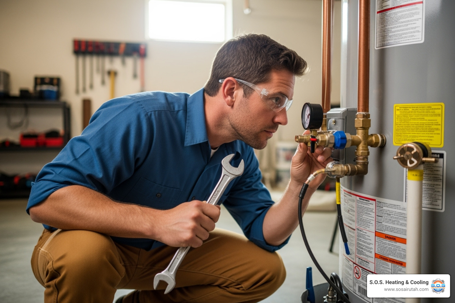 technician checking the pressure valve on a water heater - water heater repair cottonwood technician checking the pressure valve on a water heater - water heater repair cottonwood
