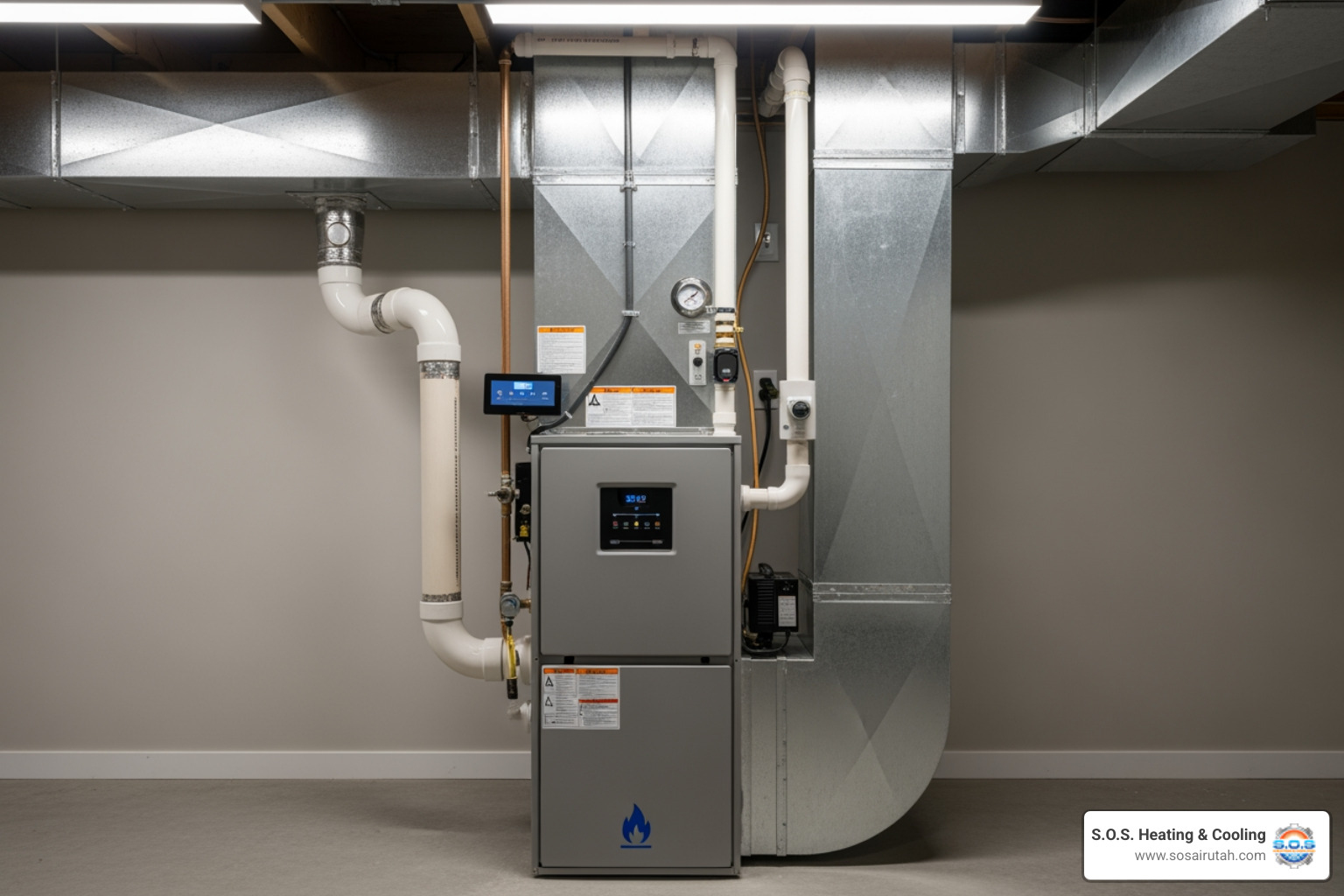 a modern, high-efficiency furnace unit - furnace installation Sandy