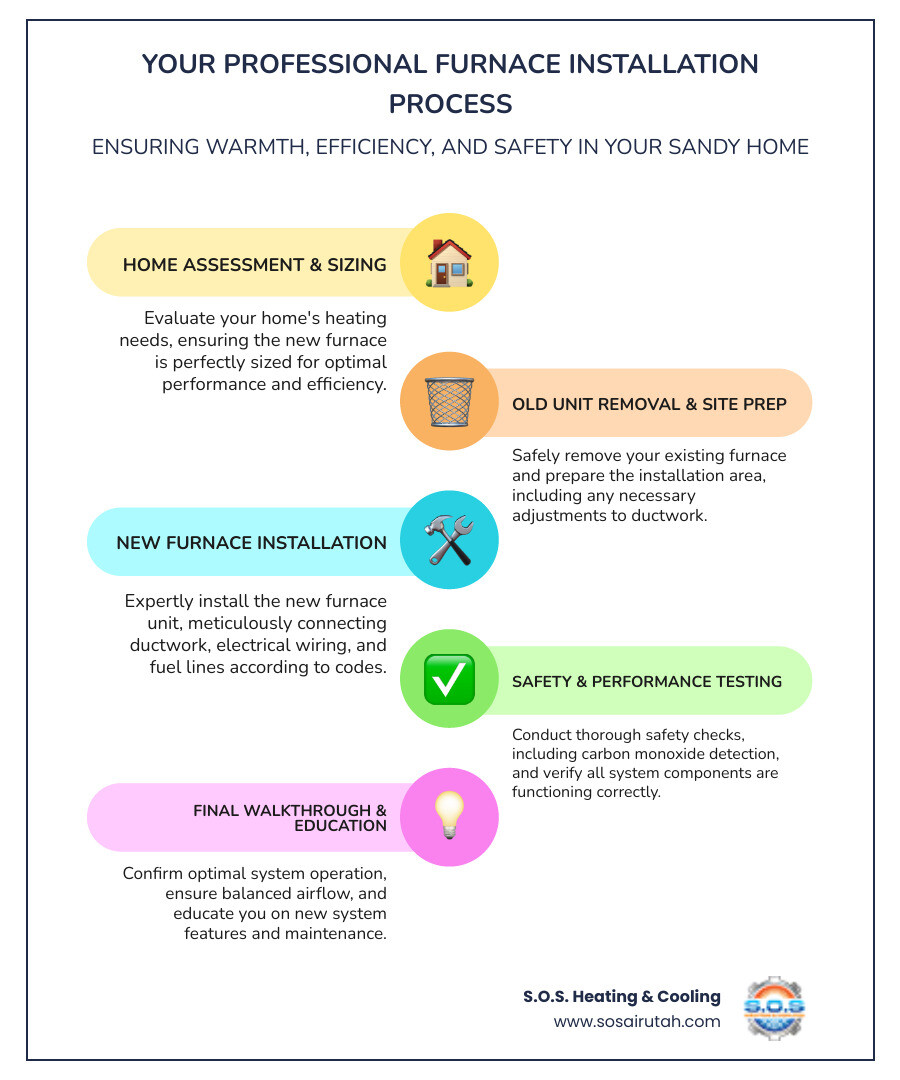 Infographic showing the furnace installation process: initial assessment of home heating needs, removal of old furnace, proper sizing and equipment selection, professional installation with ductwork connections, safety testing including carbon monoxide checks, and final performance verification with homeowner education - furnace installation Sandy infographic infographic-line-5-steps-colors