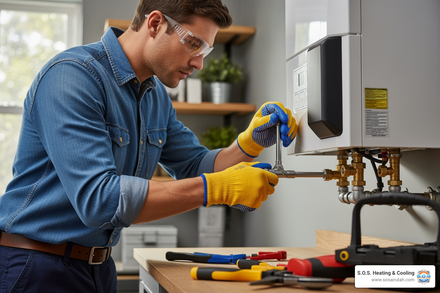 homeowner safely working on plumbing connections for a new water heater - hybrid hot water heater installation