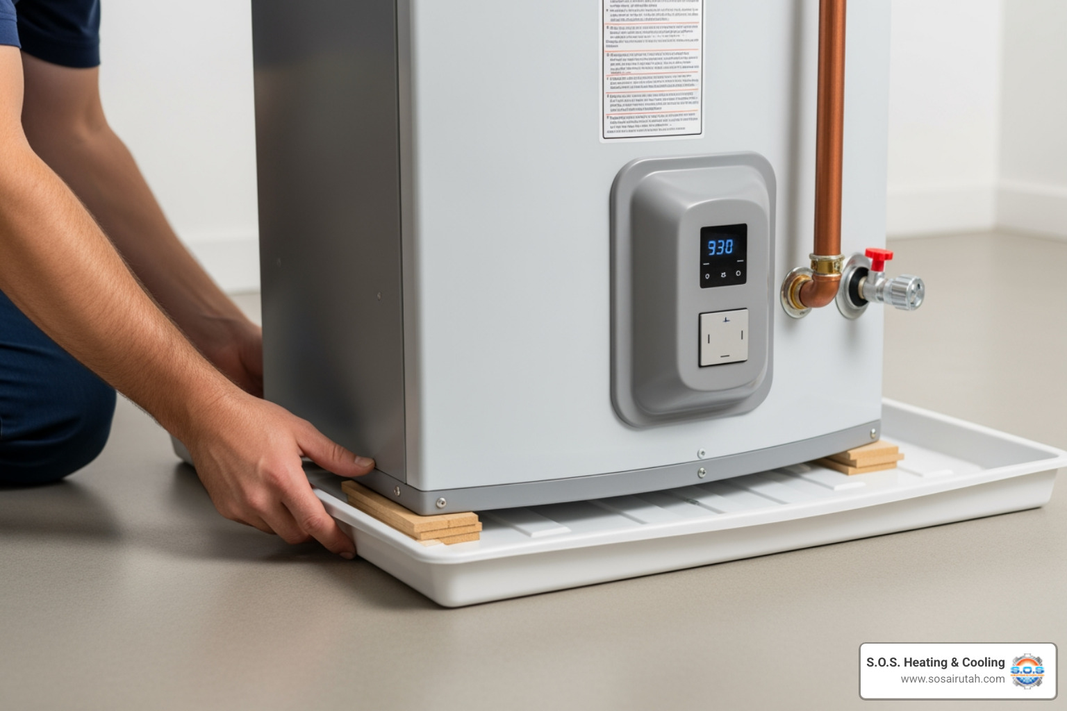 new hybrid water heater being placed on a drain pan and leveled with shims - hybrid hot water heater installation