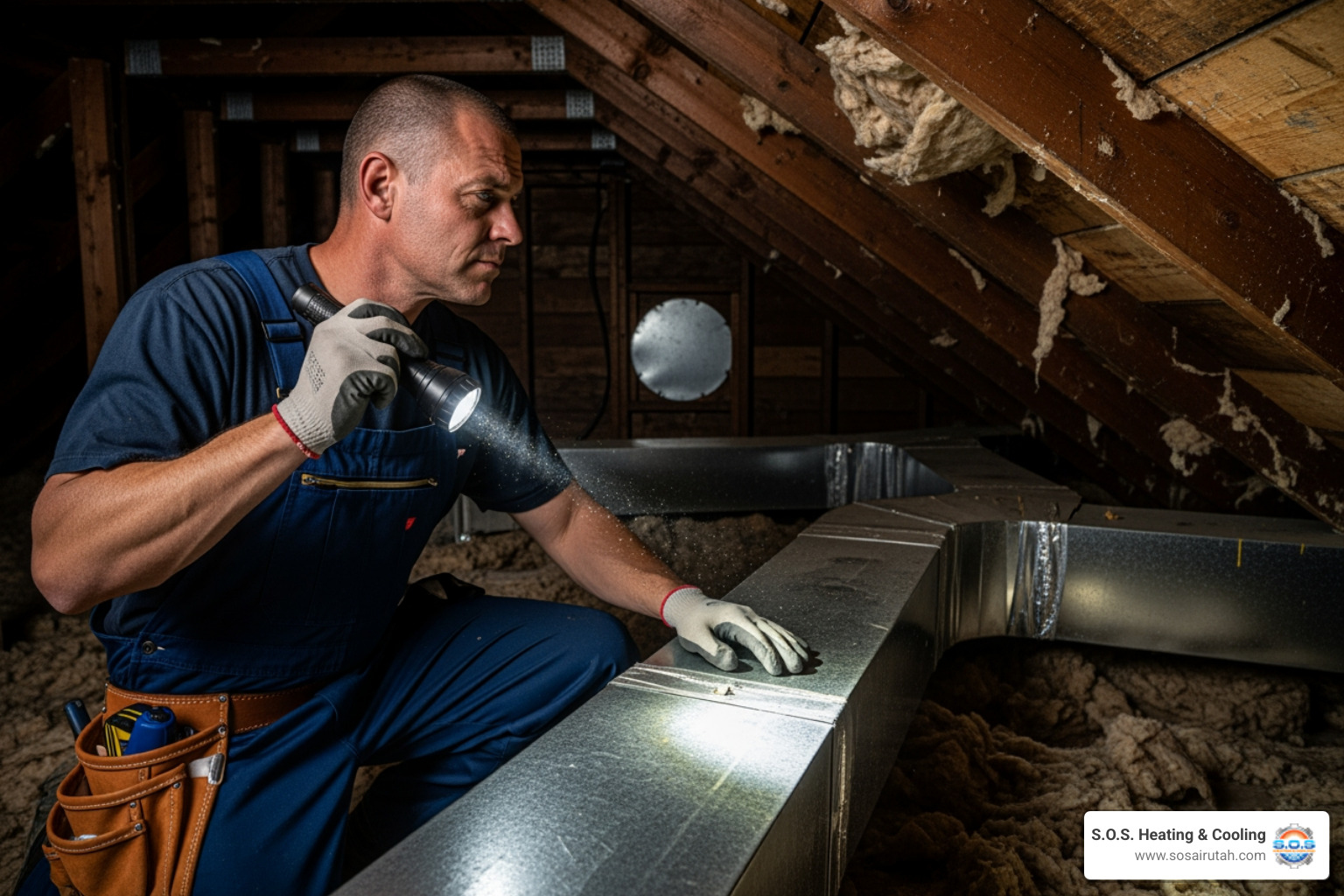 technician inspecting ductwork in an attic - heating system replacement