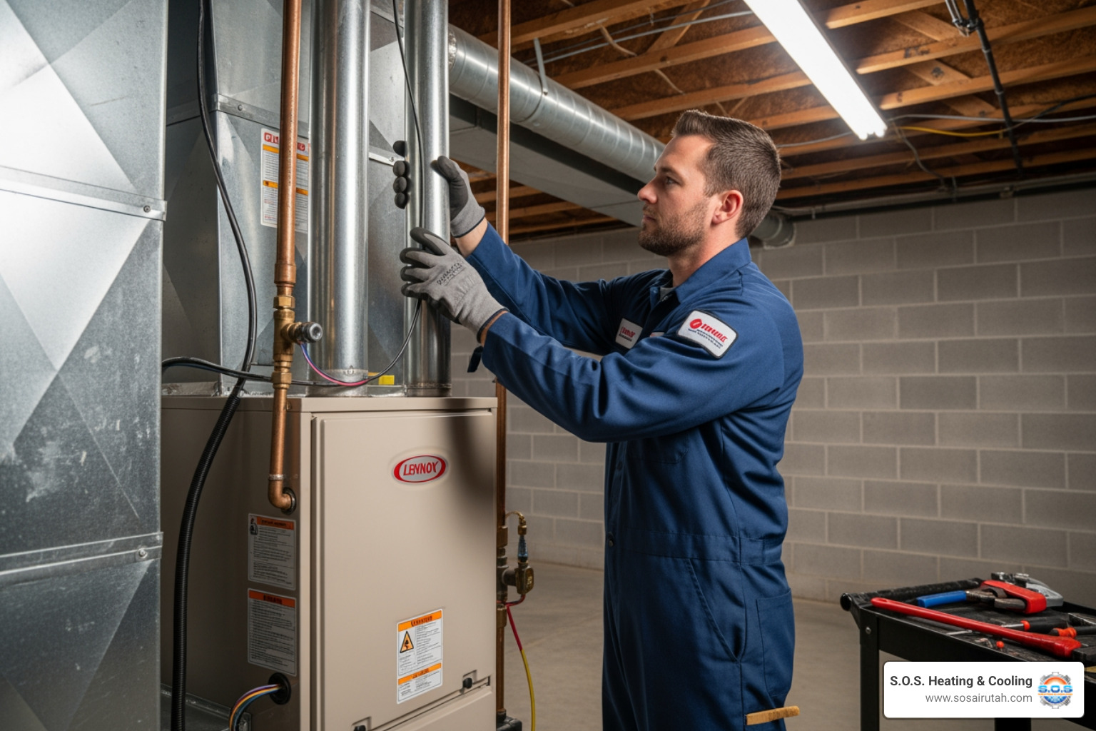 professional HVAC technician installing a new furnace - heating system replacement