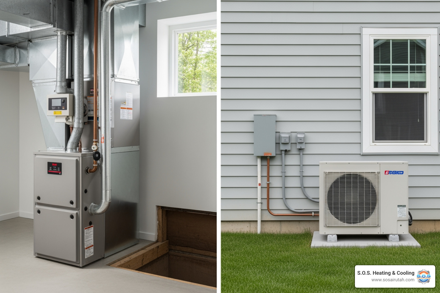 side-by-side comparison of a gas furnace and an outdoor heat pump unit - heating system replacement