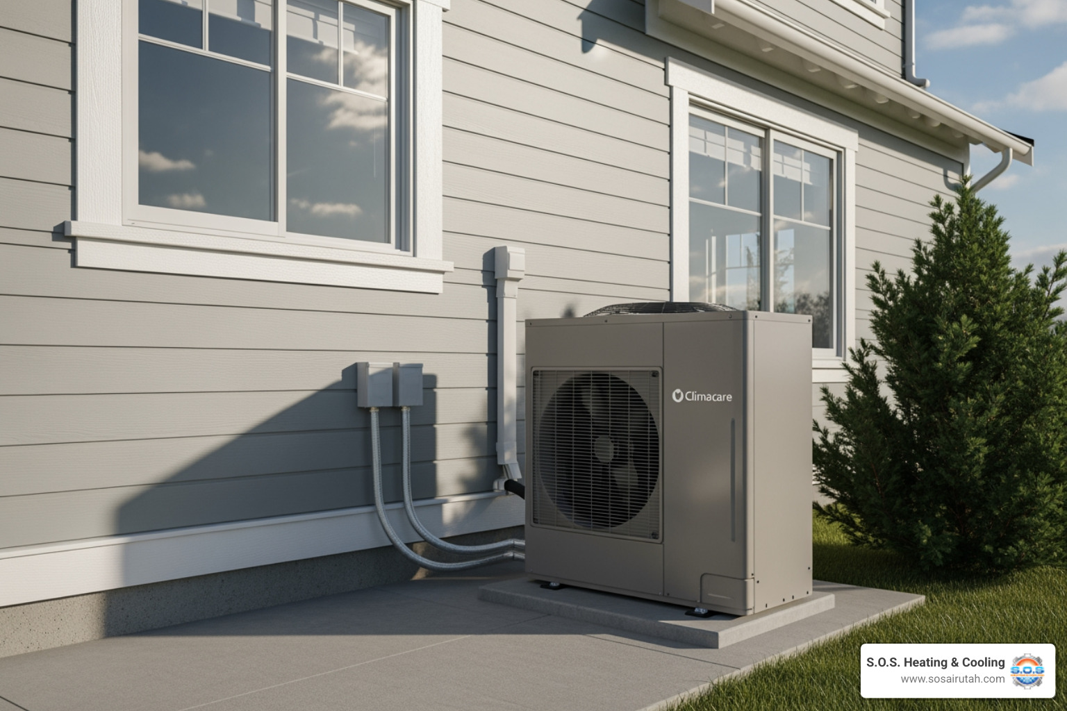 Outdoor heat pump unit next to a house - affordable heating system