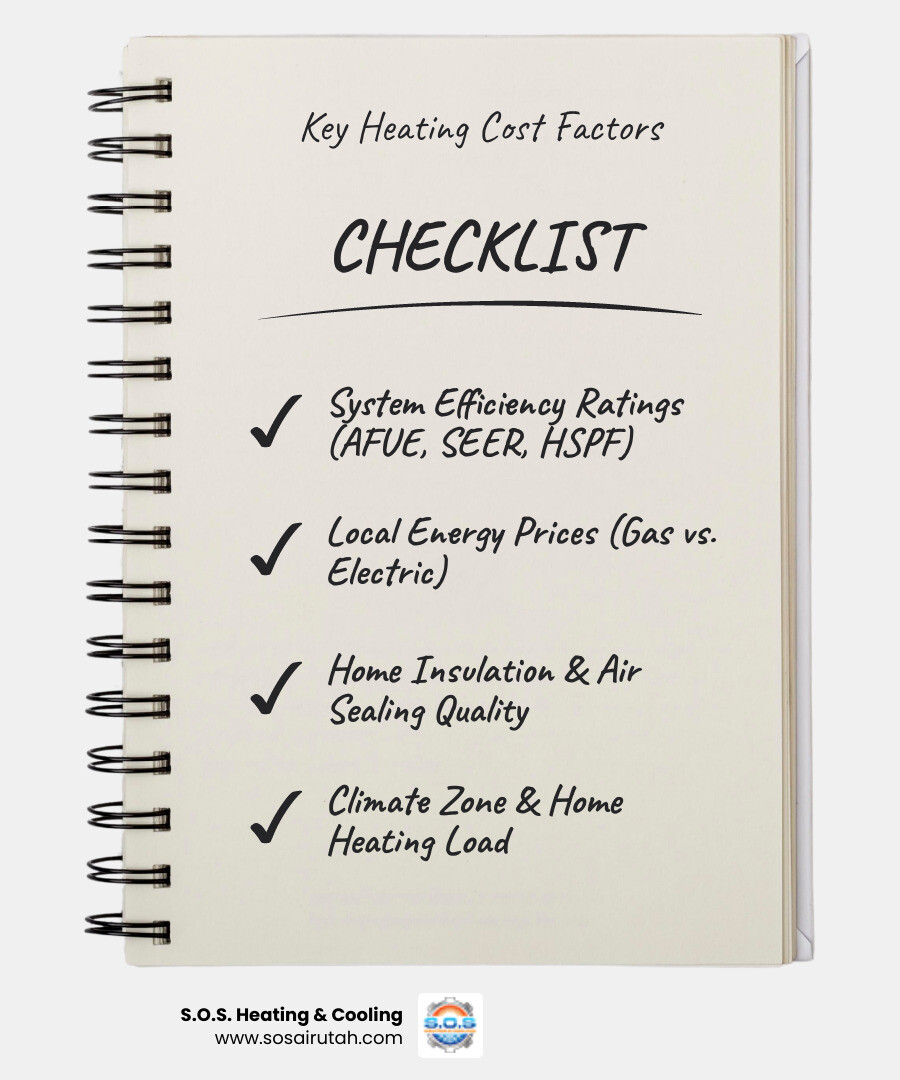 Infographic showing factors that influence home heating costs including system efficiency rating, fuel source pricing, home insulation quality, climate zone requirements, and proper system sizing - affordable heating system infographic checklist-notebook