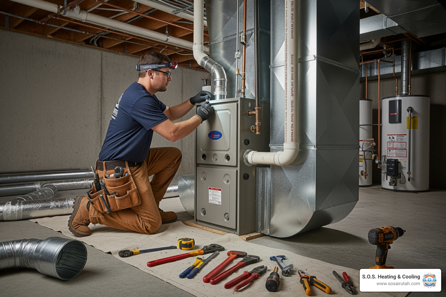 A technician carefully installing an indoor furnace and coil unit, with various tools and components visible - hybrid heating system installation