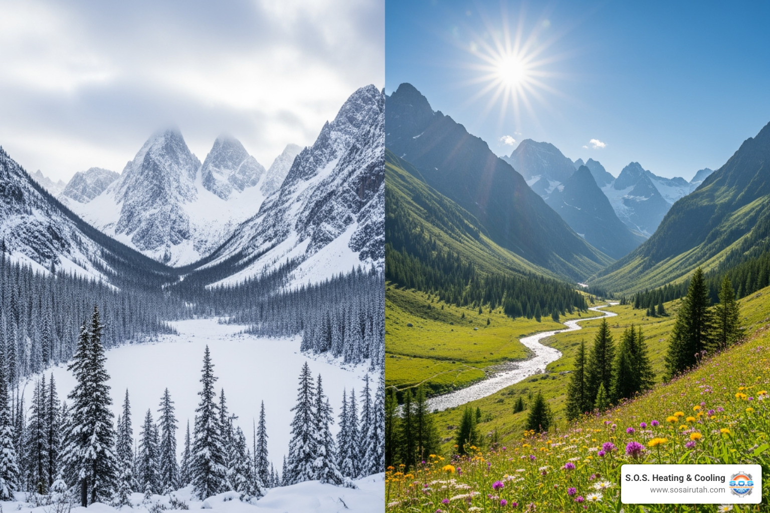 A four-seasons landscape with mountains, showing a snowy winter scene transitioning to a sunny summer scene, representing a variable climate - hybrid heating system installation