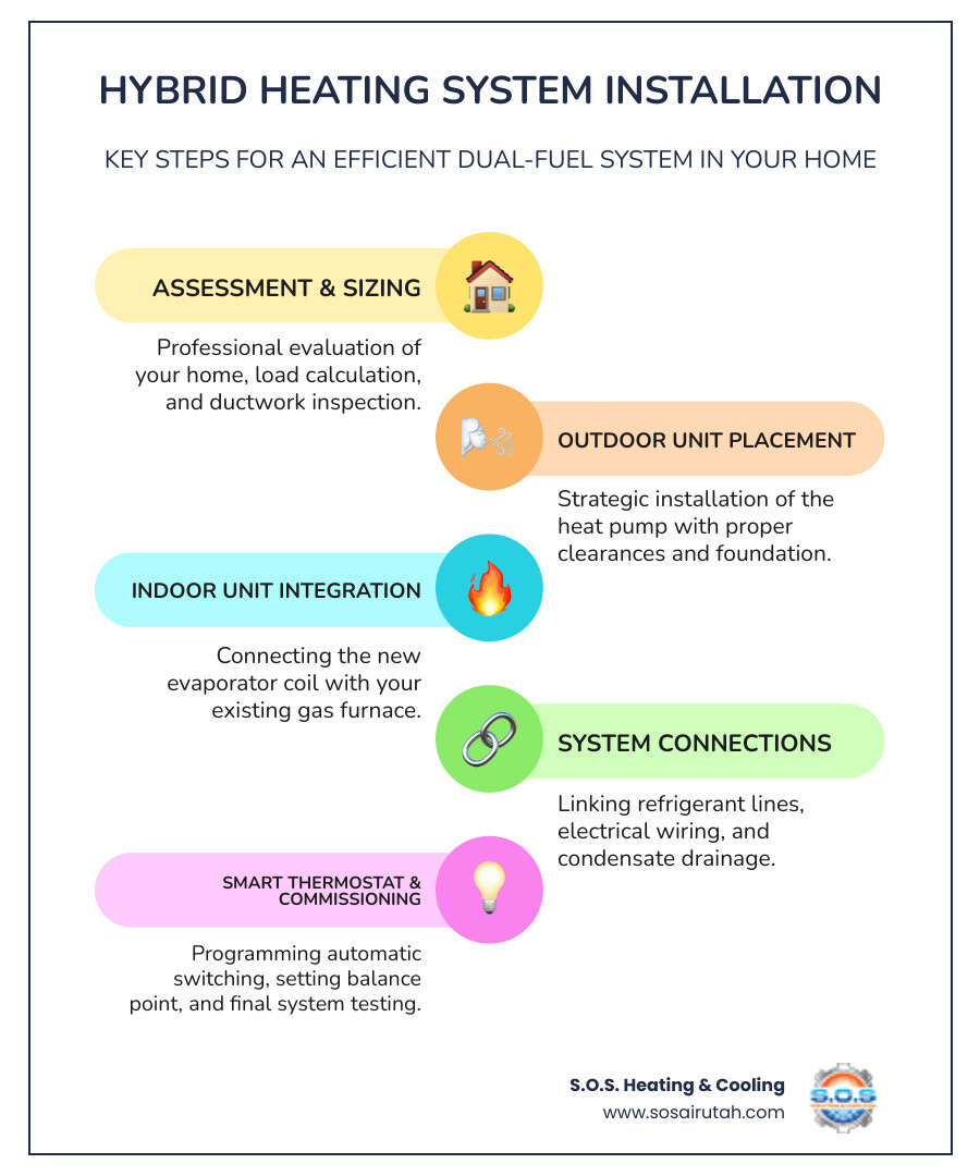 Infographic showing hybrid heating system installation process: home assessment with load calculation, outdoor heat pump unit placement with minimum clearances, indoor evaporator coil integration with existing furnace, refrigerant line connection between units, electrical wiring to 240V circuit, smart thermostat installation with balance point programming, and final system commissioning with performance testing - hybrid heating system installation infographic infographic-line-5-steps-colors