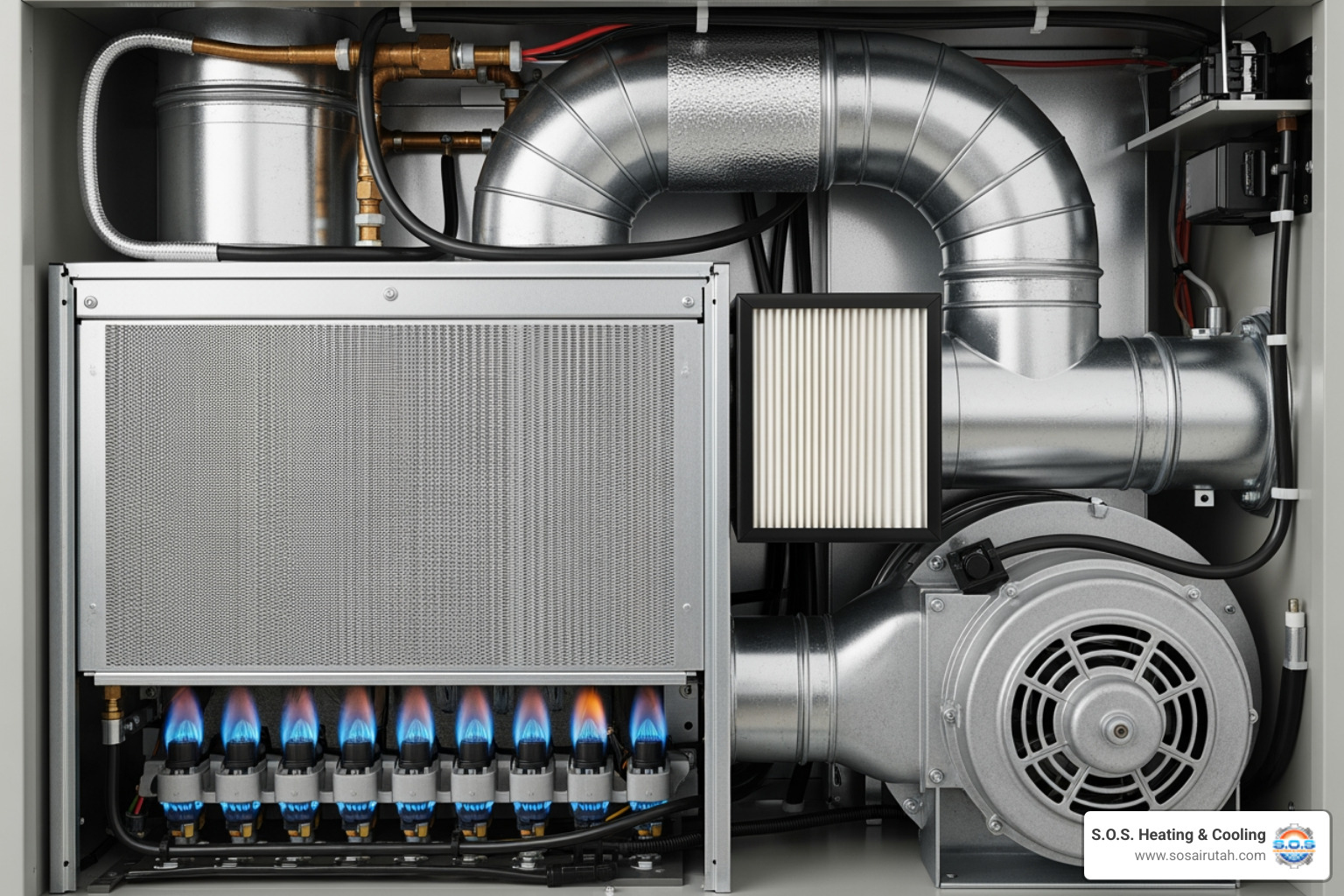 infographic showing furnace system components including heat exchanger, blower motor, air filter, burners, pilot light, thermostat connection, and ductwork with labels explaining each part's role in home heating - furnace repair Sandy