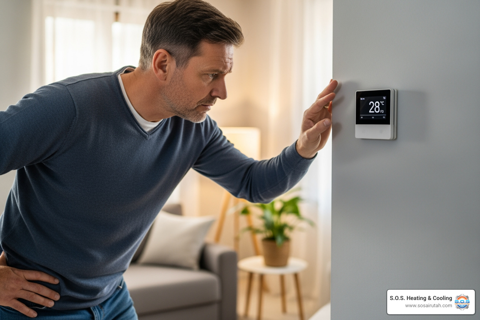 homeowner looking concerned at thermostat - furnace repair Sandy