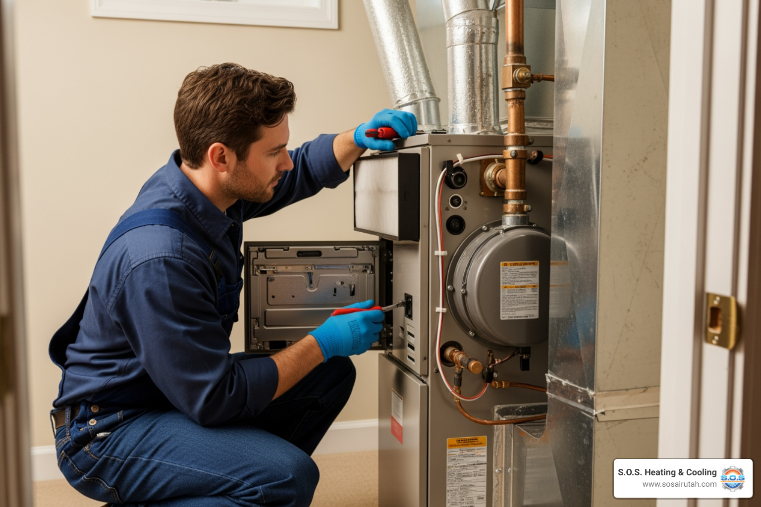 technician performing furnace tune-up - furnace repair Sandy