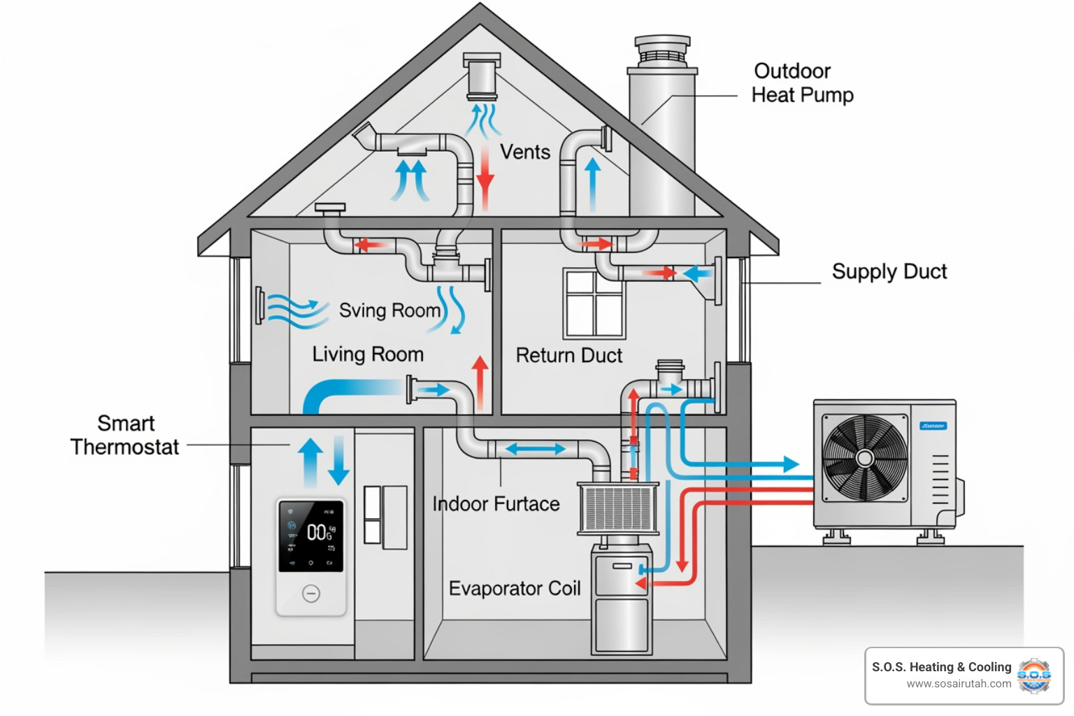 diagram showing the main components of a hybrid system including an outdoor heat pump unit, an indoor furnace unit, an evaporator coil, ductwork, and a smart thermostat - Hybrid heat pump system