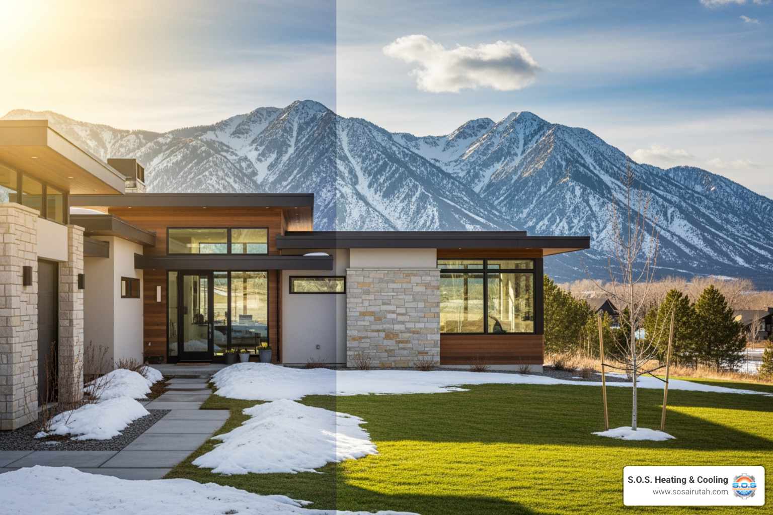home in a four-season climate like Salt Lake City, showing both sun and snow, representing the adaptability of a hybrid system - Hybrid heat pump system