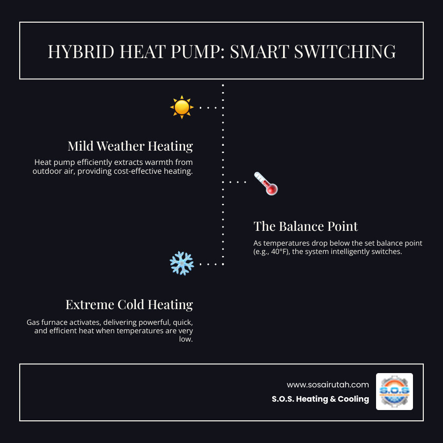 infographic showing a home with arrows indicating heat pump operation in mild weather on the left side and furnace operation in cold weather on the right side, with a thermostat in the center automatically switching between the two based on outdoor temperature displayed as 40 degrees Fahrenheit as the balance point - Hybrid heat pump system infographic infographic-line-3-steps-dark
