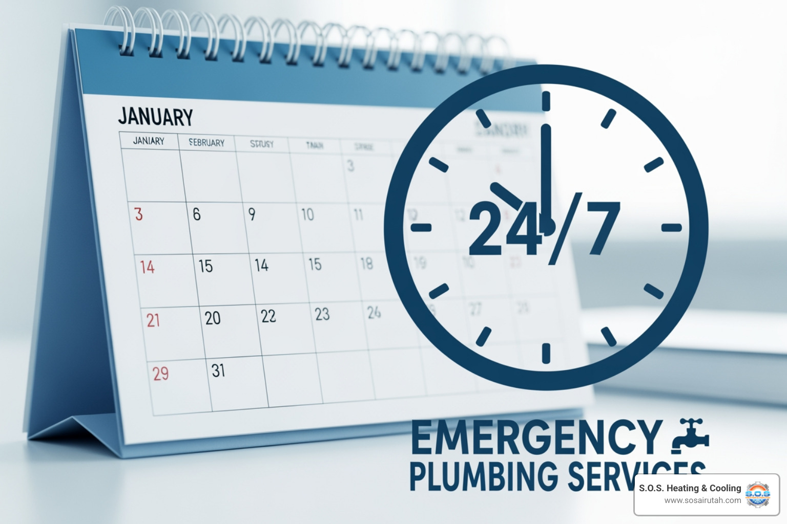 Calendar with a 24/7 emergency service icon - plumber near me free estimate