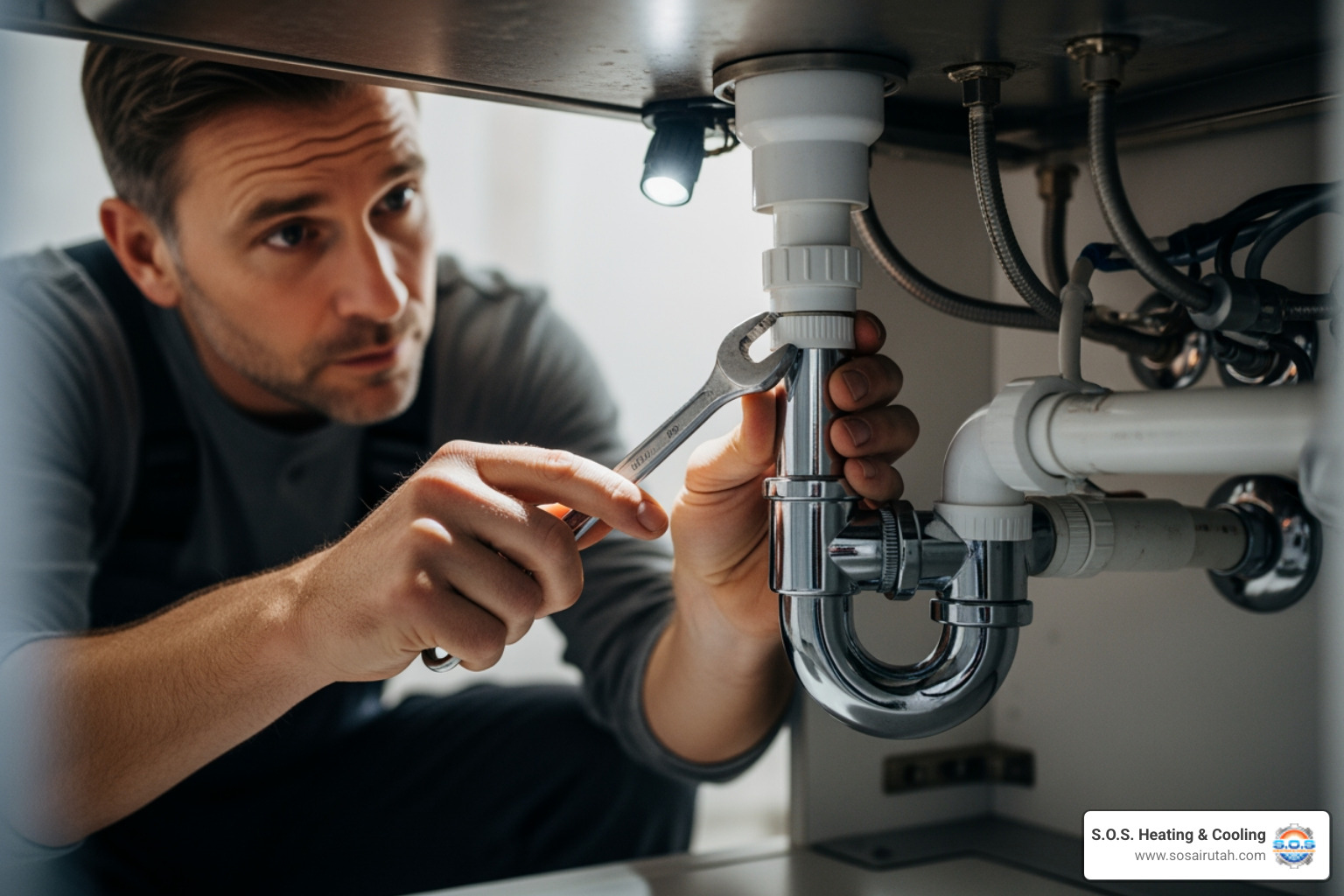 Plumber inspecting pipes under a sink - plumber near me free estimate