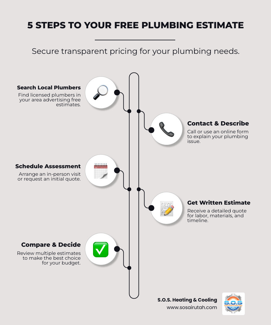 Infographic showing 4 steps to get a free plumbing estimate: 1. Contact local licensed plumbers by phone or online form, 2. Describe your plumbing issue and schedule an assessment, 3. Plumber inspects the problem and provides a written estimate, 4. Review estimate details including labor, materials, and timeline before approving work - plumber near me free estimate infographic infographic-line-5-steps-elegant_beige