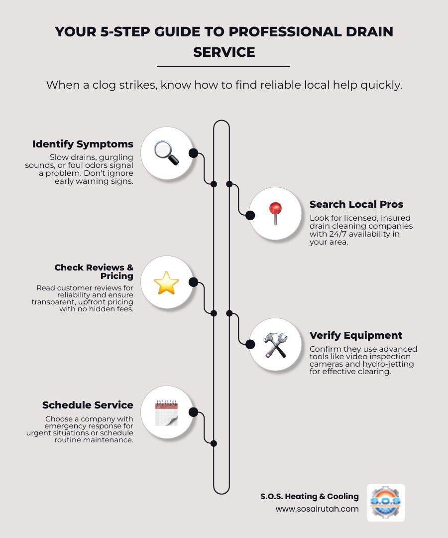 infographic showing the step-by-step process of finding a clogged drain service near you, from identifying symptoms like slow drains and foul odors, to searching for licensed local providers with 24/7 availability, checking reviews, confirming upfront pricing, and scheduling an emergency or routine service call - clogged drain service near me infographic infographic-line-5-steps-elegant_beige