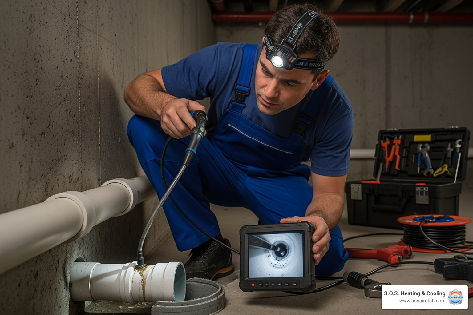 a plumber using a video inspection camera inside a drainpipe - clogged drain service near me