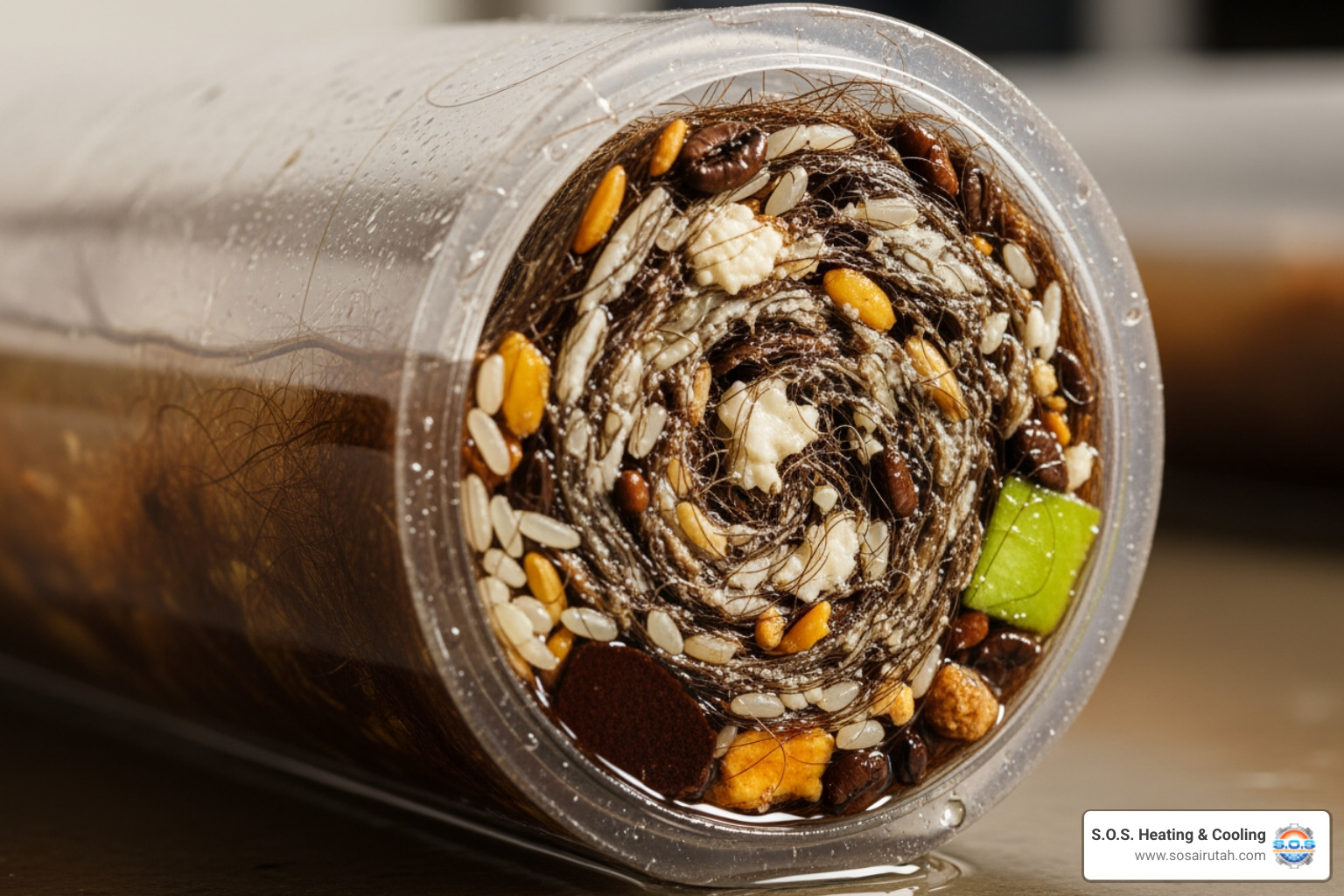 common clog culprits like hair, grease, and food scraps inside a transparent pipe section - clogged drain service near me