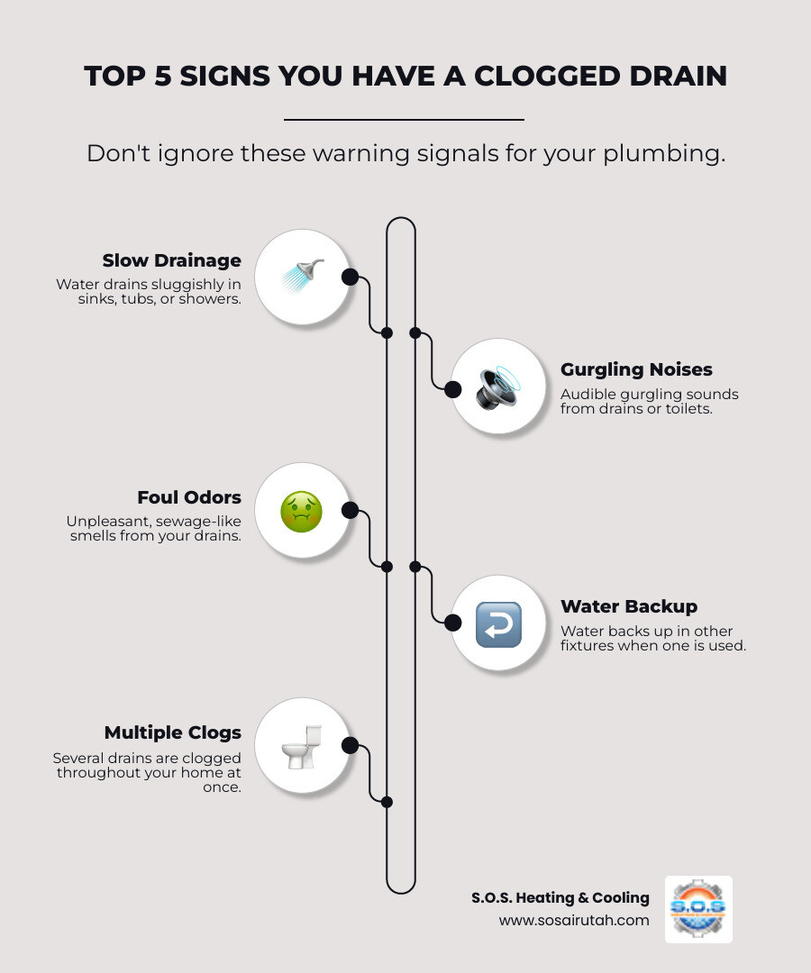 Infographic showing the top 5 signs you have a clogged drain: slow drainage in sinks or tubs, gurgling sounds from drains or toilets, foul sewage odors near drains, water backing up in unexpected places like showers when using other fixtures, and multiple drains clogging simultaneously throughout your home - clogged drain service infographic infographic-line-5-steps-elegant_beige Infographic showing the top 5 signs you have a clogged drain: slow drainage in sinks or tubs, gurgling sounds from drains or toilets, foul sewage odors near drains, water backing up in unexpected places like showers when using other fixtures, and multiple drains clogging simultaneously throughout your home - clogged drain service infographic infographic-line-5-steps-elegant_beige