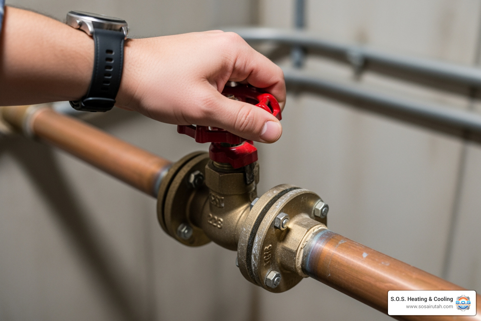 A hand turning a main water shut-off valve - sandy emergency plumbing A hand turning a main water shut-off valve - sandy emergency plumbing