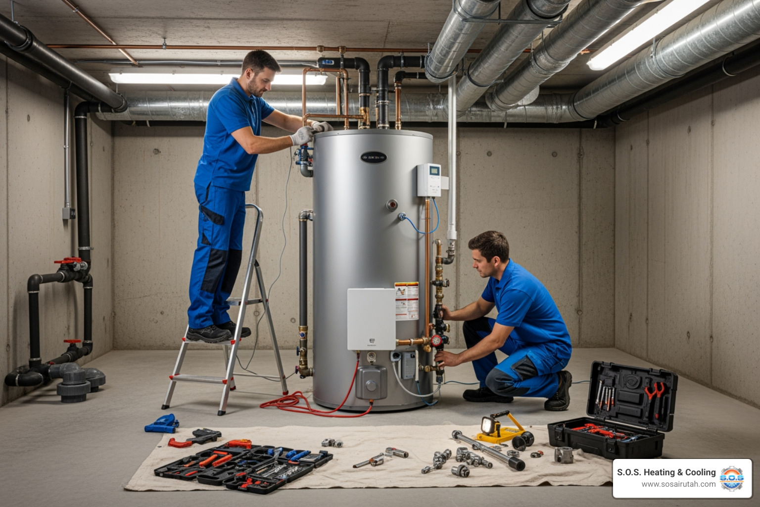 infographic showing key signs your water heater needs replacement including age over 10-15 years, inconsistent water temperature, rusty or discolored water, strange rumbling noises, visible leaks or pooling water, and pilot light issues - water heater installation companies