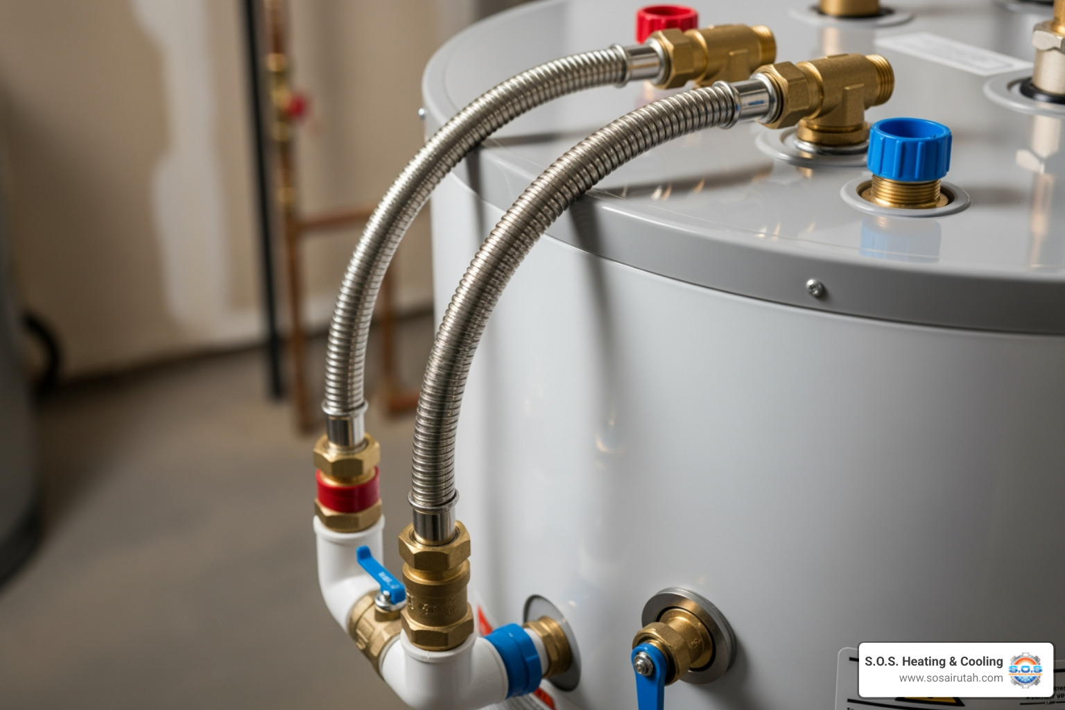 Infographic showing the path of water from the main supply line, through the cold water shutoff valve, into the cold water inlet of the water heater via the hook-up line, then from the hot water outlet through another hook-up line to the home's hot water distribution system feeding taps and appliances - water heater hook up lines