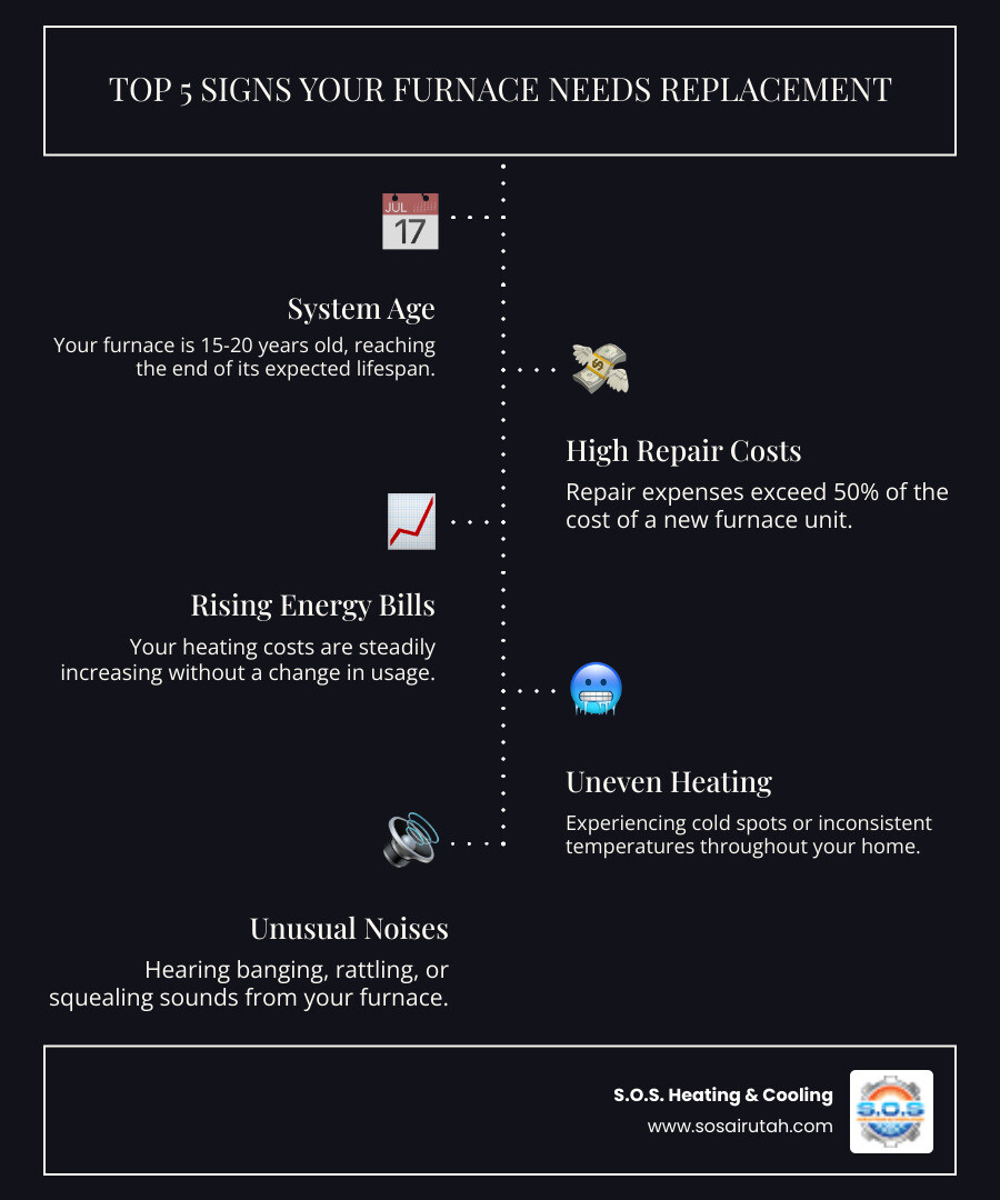 infographic showing the top 5 signs your furnace needs replacement: system is 15-20 years old, repair costs exceed 50% of new unit price, energy bills steadily increasing, uneven heating or cold rooms throughout home, and unusual noises like banging or rattling - furnace installation in Salt Lake City, UT infographic infographic-line-5-steps-dark