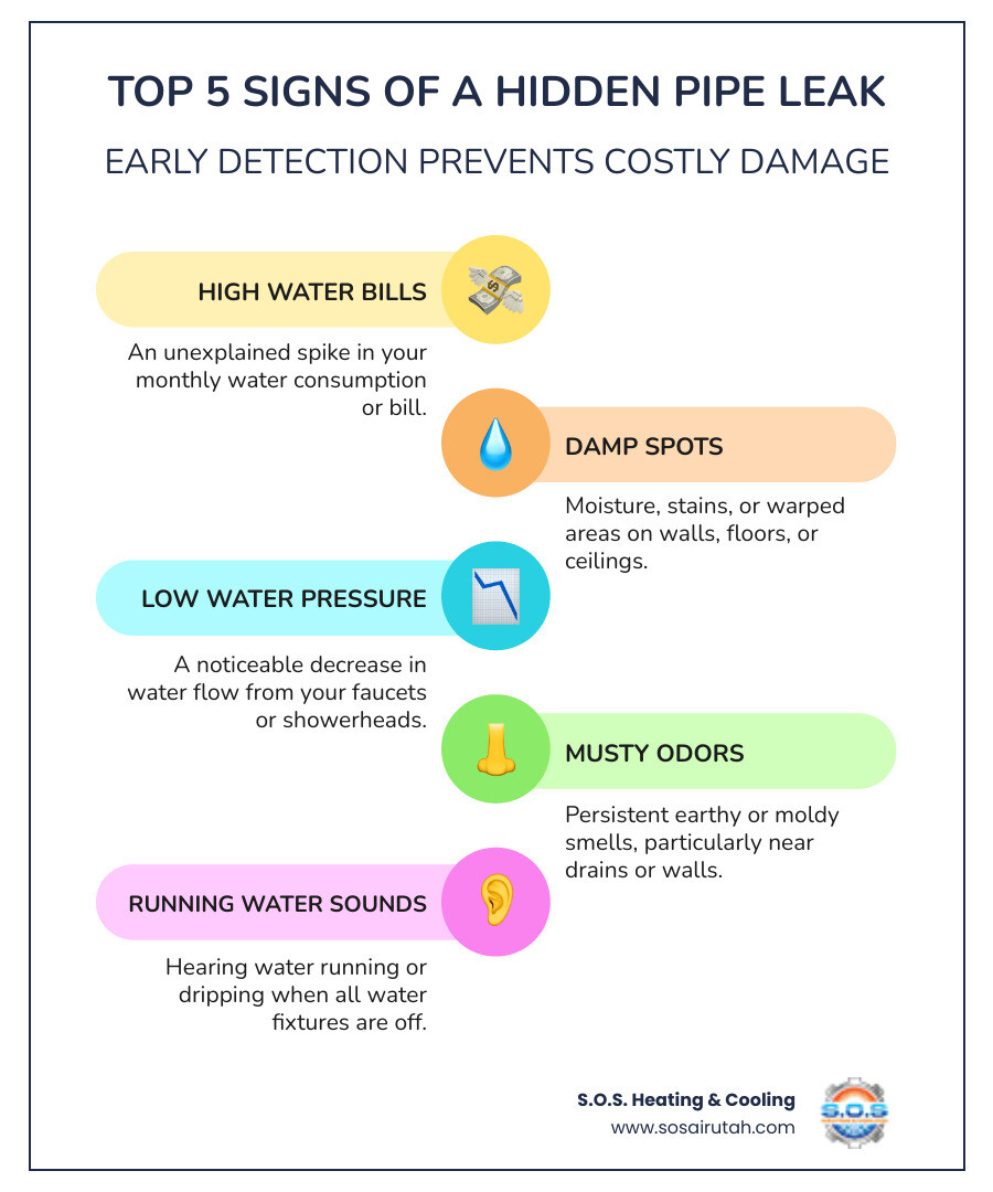 infographic showing top 5 signs of hidden pipe leaks including unexplained water bills, damp spots on floors or walls, low water pressure, musty odors, and sounds of running water when fixtures are off - affordable pipe repair in salt lake city, ut infographic infographic-line-5-steps-colors