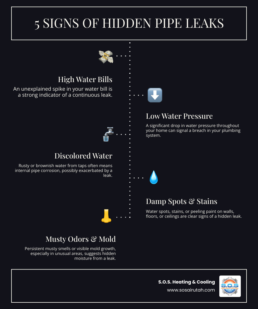 Infographic showing five common signs of hidden pipe leaks: unexplained high water bills, low water pressure throughout the home, discolored or rusty water from taps, damp spots or water stains on walls and floors, and musty odors or mold growth in unexpected areas - pipe repair in salt lake city ut infographic infographic-line-5-steps-dark