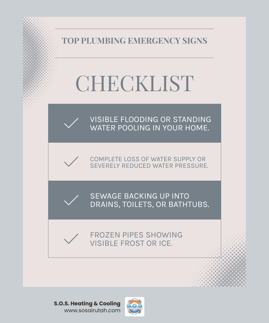 Infographic showing the top 5 signs you have a plumbing emergency: 1) Visible flooding or standing water pooling in your home, 2) Complete loss of water supply or severely reduced water pressure throughout the house, 3) Sewage backing up into drains, toilets, or bathtubs creating health hazards, 4) Frozen pipes showing visible frost or ice, especially during winter months, 5) Gas smell near water heater or plumbing fixtures indicating potential danger - emergency pipe repair in salt lake city, ut infographic checklist-light-blue-grey