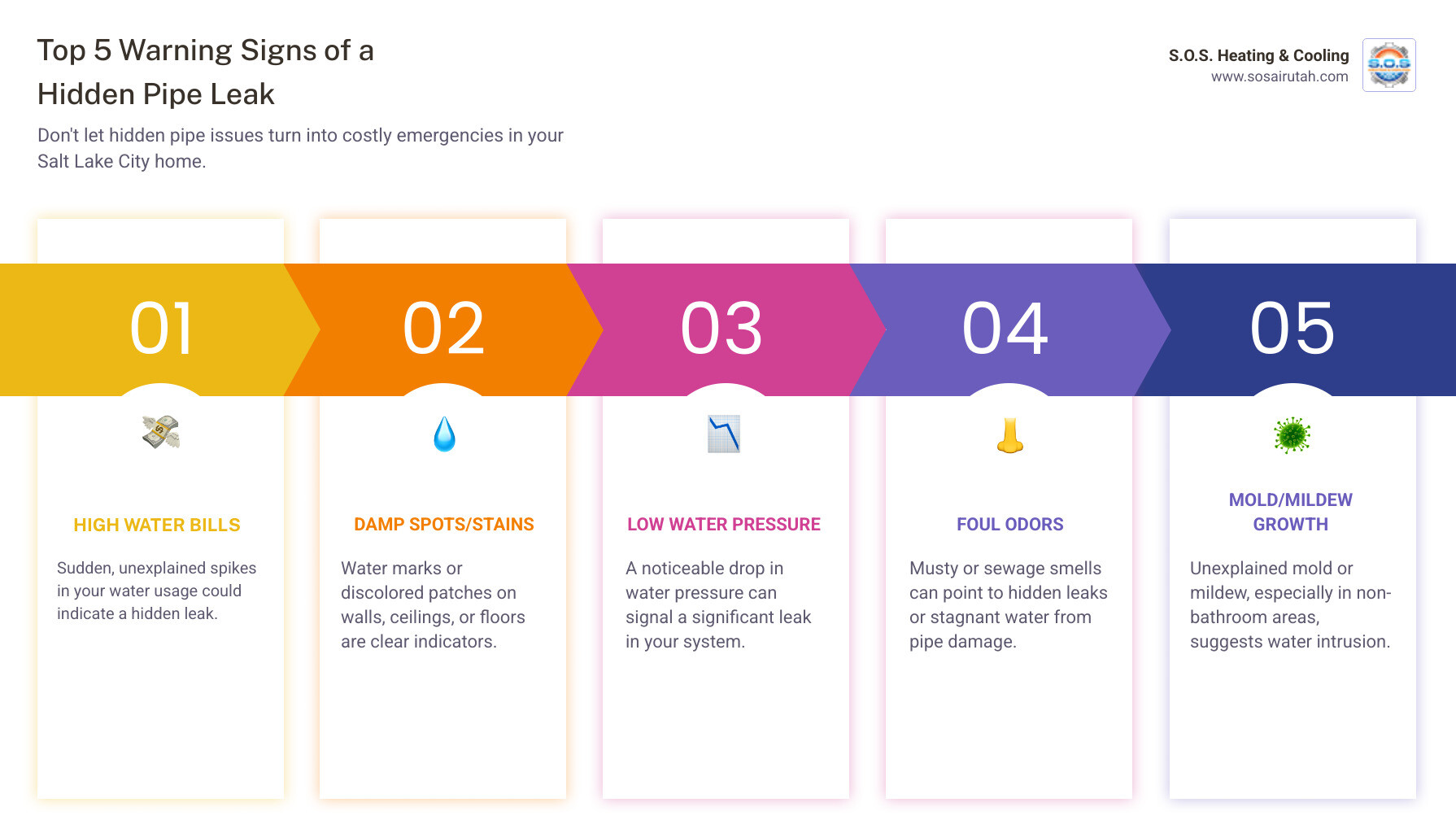 Infographic showing the top 5 warning signs of a hidden pipe leak: 1) Unexplained increase in water bills, 2) Damp spots or water stains on walls and ceilings, 3) Low water pressure throughout the home, 4) Foul odors near drains or fixtures, 5) Mold or mildew growth in unexpected areas - best pipe repair in salt lake city, ut infographic pillar-5-steps