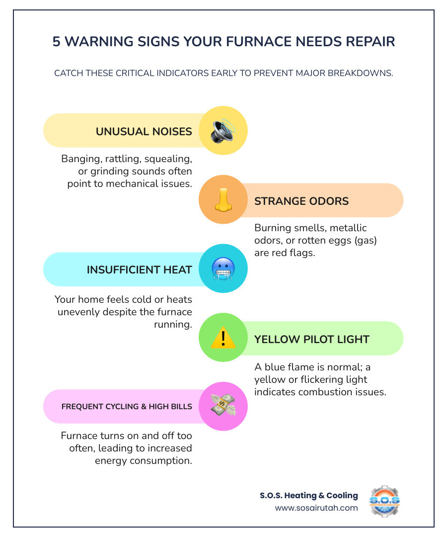infographic showing five warning signs your furnace needs repair: unusual noises like banging or rattling, strange odors especially burning smells, insufficient heat or uneven temperatures, yellow pilot light instead of blue flame, and frequent on-off cycling with higher energy bills - best furnace repair in salt lake city, ut infographic infographic-line-5-steps-colors infographic showing five warning signs your furnace needs repair: unusual noises like banging or rattling, strange odors especially burning smells, insufficient heat or uneven temperatures, yellow pilot light instead of blue flame, and frequent on-off cycling with higher energy bills - best furnace repair in salt lake city, ut infographic infographic-line-5-steps-colors