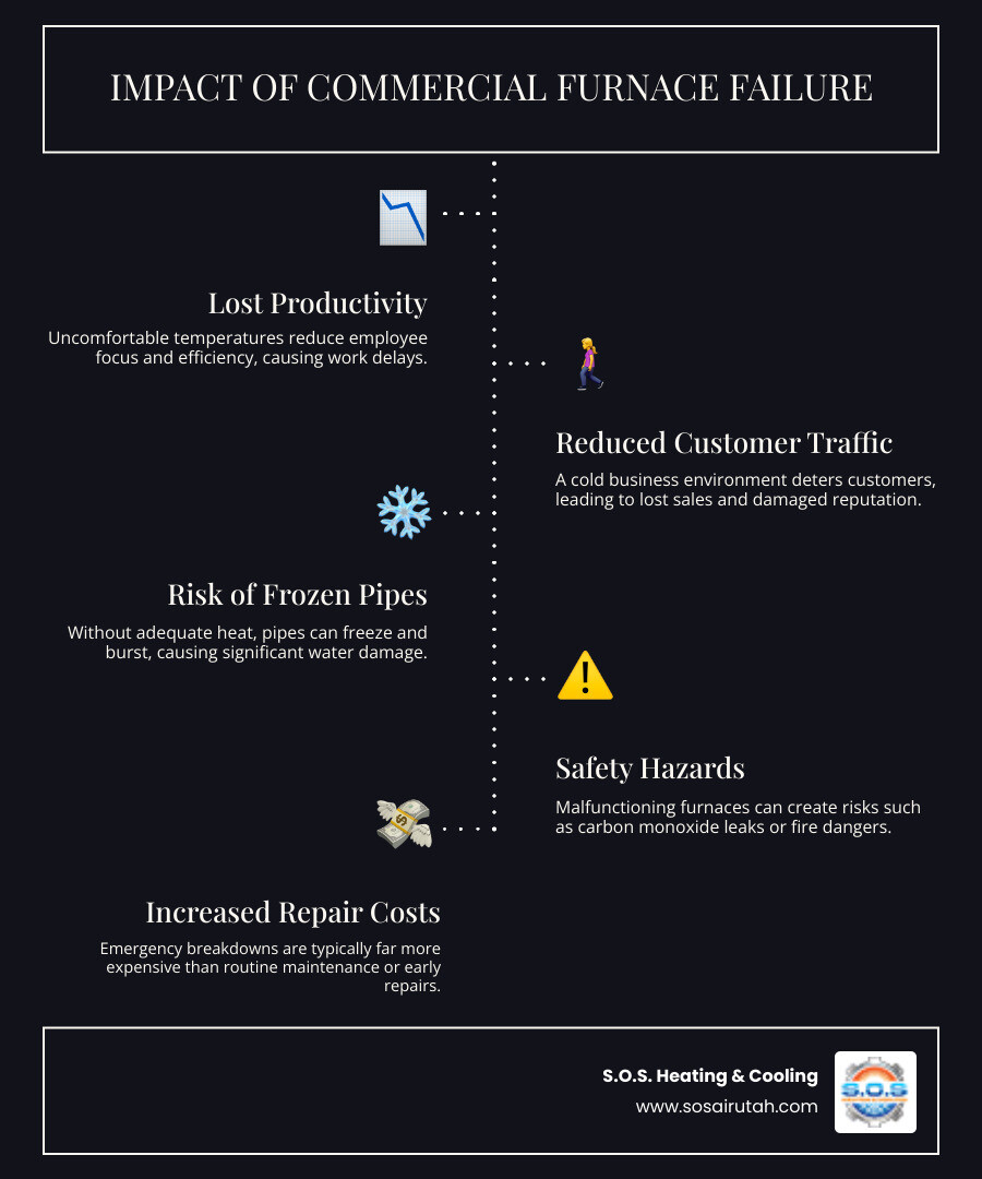 infographic showing the business impact of furnace failure, including decreased employee productivity, lost customer traffic, potential pipe freezing, safety risks, and increased emergency repair costs compared to preventative maintenance - commercial furnace repair in salt lake city, ut infographic infographic-line-5-steps-dark infographic showing the business impact of furnace failure, including decreased employee productivity, lost customer traffic, potential pipe freezing, safety risks, and increased emergency repair costs compared to preventative maintenance - commercial furnace repair in salt lake city, ut infographic infographic-line-5-steps-dark