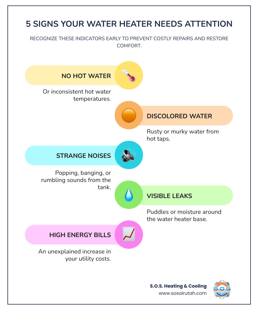 Infographic showing the 5 most common signs your water heater needs professional attention: 1) No hot water or inconsistent temperatures, 2) Discolored or rusty water from hot taps, 3) Strange popping, banging, or rumbling noises, 4) Visible water leaks or moisture around the base, 5) Unexplained increase in energy bills - water heater repair in south jordan ut infographic infographic-line-5-steps-colors
