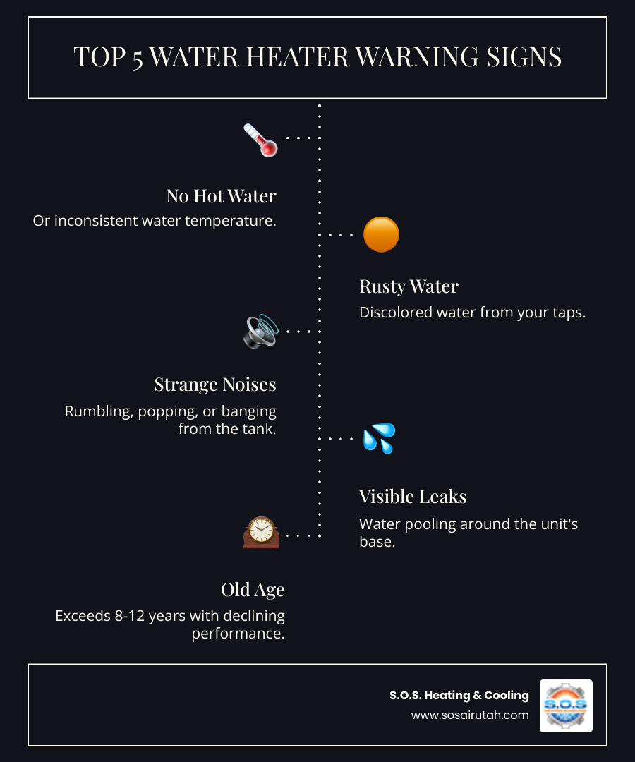 Infographic showing the top 5 signs your water heater needs professional attention: 1) No hot water or inconsistent water temperature, 2) Rusty or discolored water from taps, 3) Strange rumbling, popping, or banging noises from the tank, 4) Visible water pooling or leaking around the base of the unit, 5) Water heater age exceeding 8-12 years with declining performance - local water heater repair in south jordan, ut infographic infographic-line-5-steps-dark