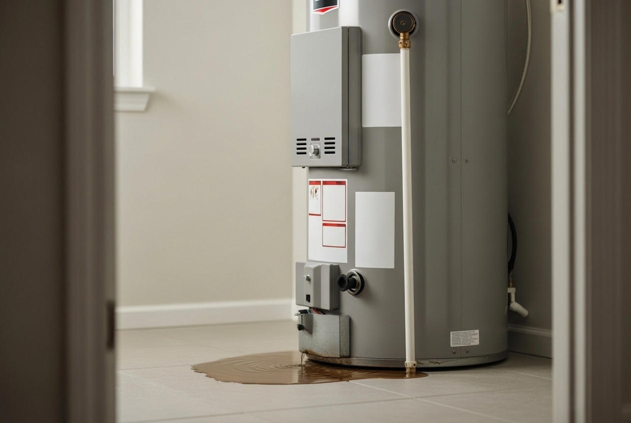 Infographic showing the 5 key warning signs your water heater is failing: unit age over 10 years, visible leaks or pooling water, inconsistent or no hot water, rusty or discolored water, and loud banging or rumbling noises - best water heater replacement in salt lake city, ut