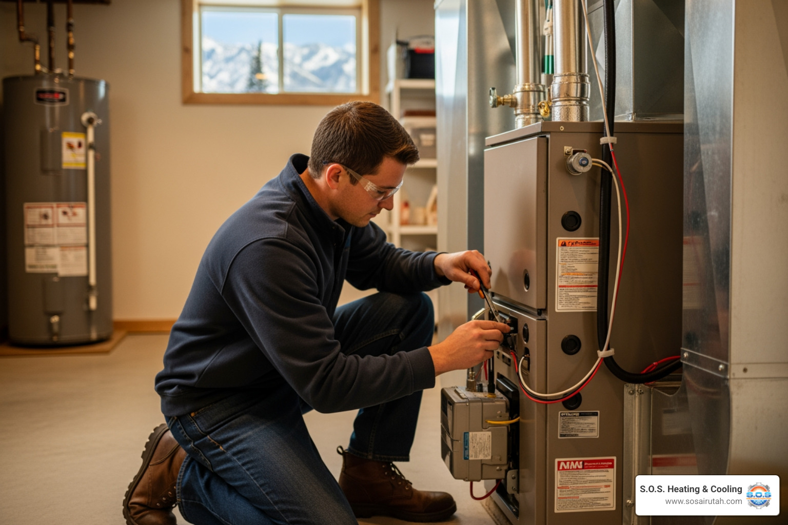 infographic showing three key benefits of heating tune-ups: a shield icon labeled Safety with Carbon Monoxide Detection and Gas Leak Prevention, a dollar sign with downward arrow labeled Efficiency with Lower Energy Bills and Peak Performance, and a clock with upward arrow labeled Lifespan with Prevented Breakdowns and Extended Equipment Life - best heating tune ups in salt lake city, ut