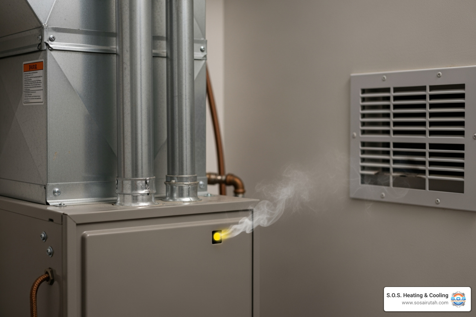 Infographic showing 5 critical signs requiring emergency furnace maintenance: 1) Complete loss of heat with freezing outdoor temperatures, 2) Strong gas odor or carbon monoxide detector alarm, 3) Yellow or flickering pilot light instead of steady blue, 4) Loud banging, grinding, or screeching noises, 5) Frequent system cycling or electrical issues like tripped breakers - emergency furnace maintenance in bountiful, ut Infographic showing 5 critical signs requiring emergency furnace maintenance: 1) Complete loss of heat with freezing outdoor temperatures, 2) Strong gas odor or carbon monoxide detector alarm, 3) Yellow or flickering pilot light instead of steady blue, 4) Loud banging, grinding, or screeching noises, 5) Frequent system cycling or electrical issues like tripped breakers - emergency furnace maintenance in bountiful, ut